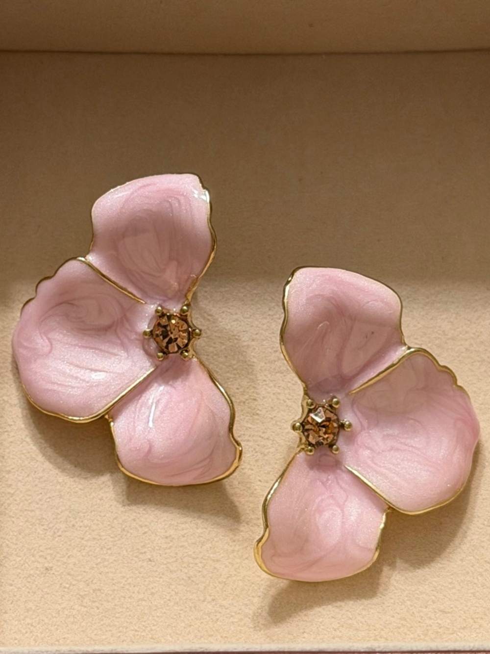 Elegant Golden Rose Pink Half Petal Flower Enamel Stud Statement Earrings